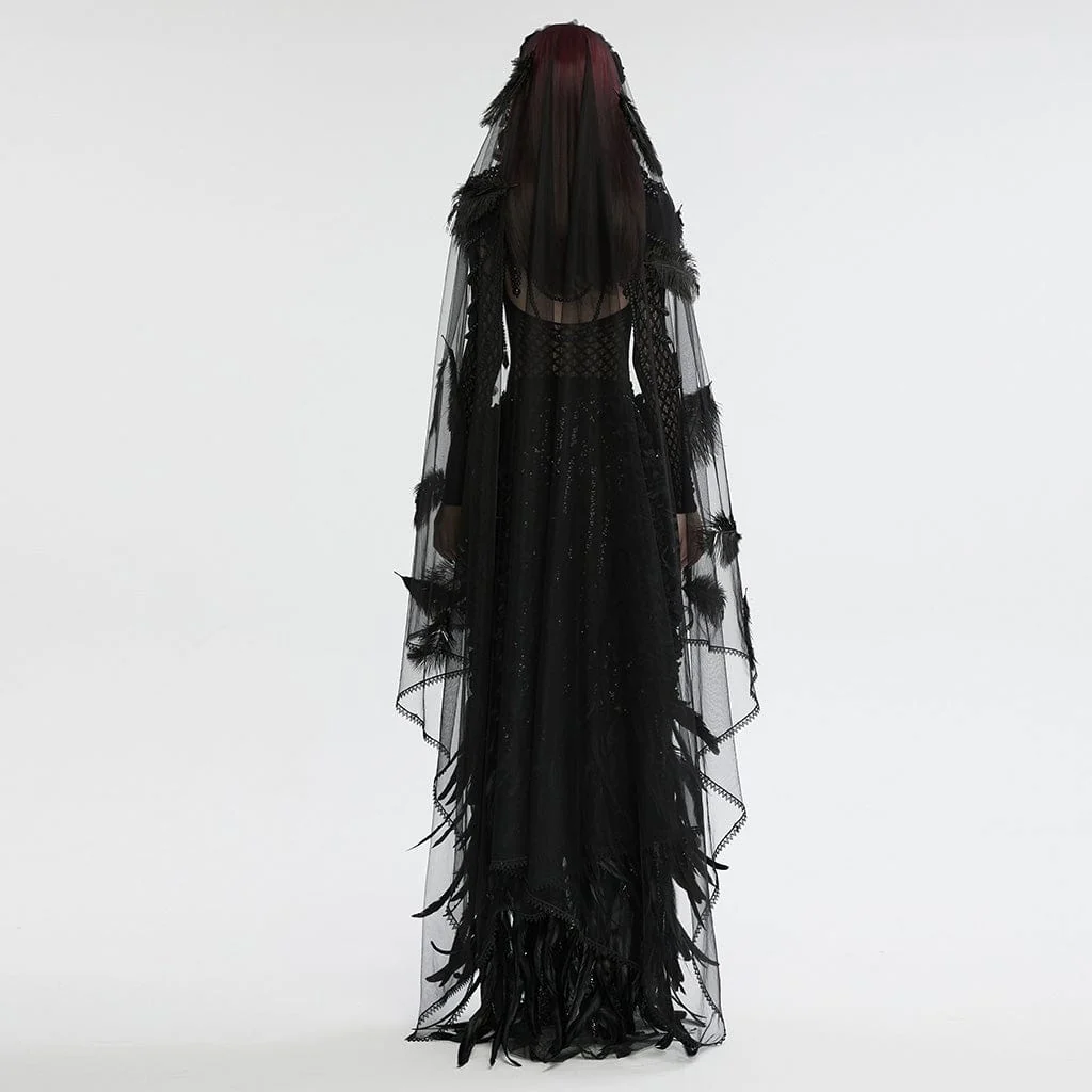 Women's Gothic Feather Splice Floral Mesh Veil - Image 3