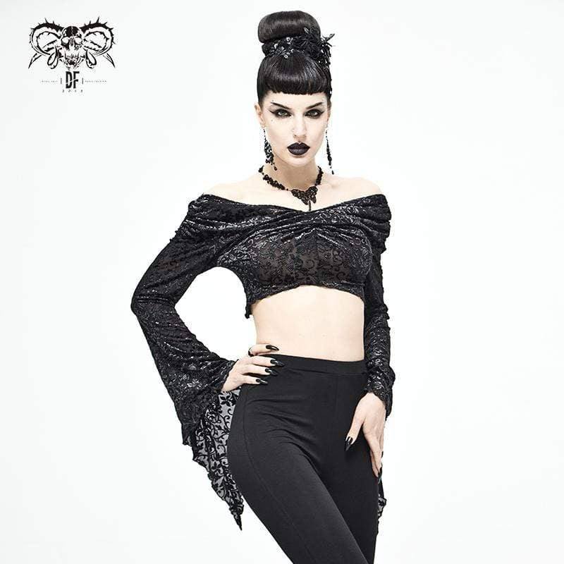 Women's Gothic Flare Sleeve Off Shoulder Black Crop Top - Image 3