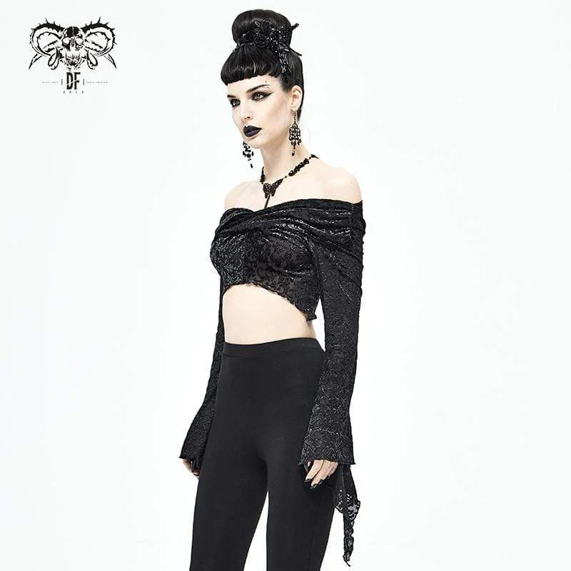 Women's Gothic Flare Sleeve Off Shoulder Black Crop Top - Image 4