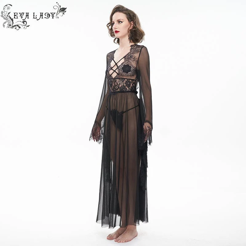 Women's Gothic Flare Sleeved Backless Sheer Sexy Nightgown - Image 3