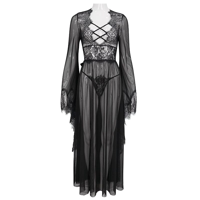 Women's Gothic Flare Sleeved Backless Sheer Sexy Nightgown - Image 5