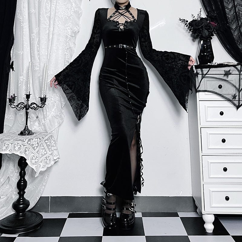 Women's Gothic Flare Sleeved Velvet Slit Maxi Dress - Image 4