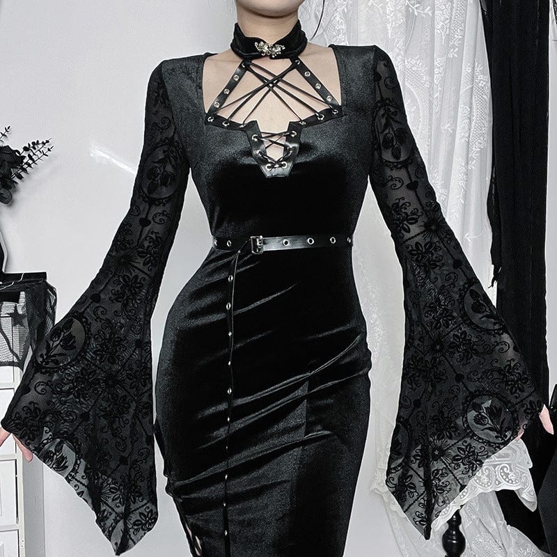 Women's Gothic Flare Sleeved Velvet Slit Maxi Dress - Image 8