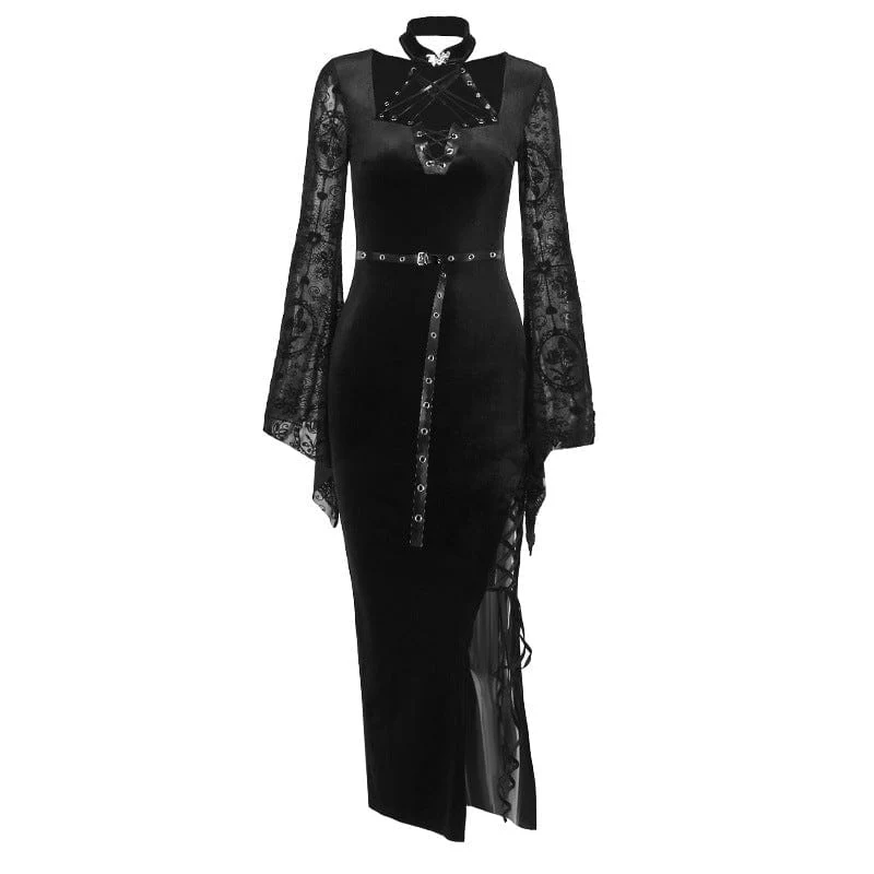 Women's Gothic Flare Sleeved Velvet Slit Maxi Dress - Image 9
