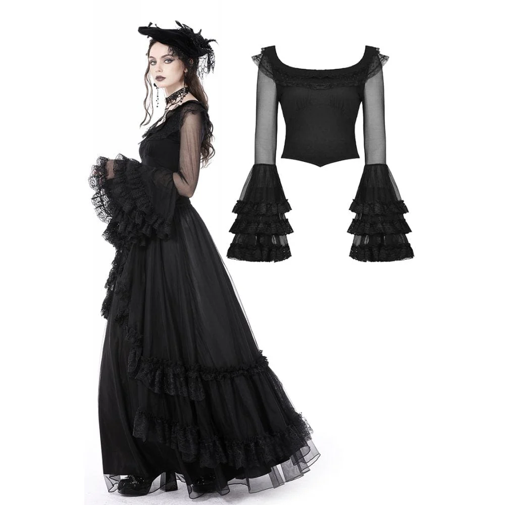 DIL Women's Gothic Flared Layered Sleeved Mesh Shirt