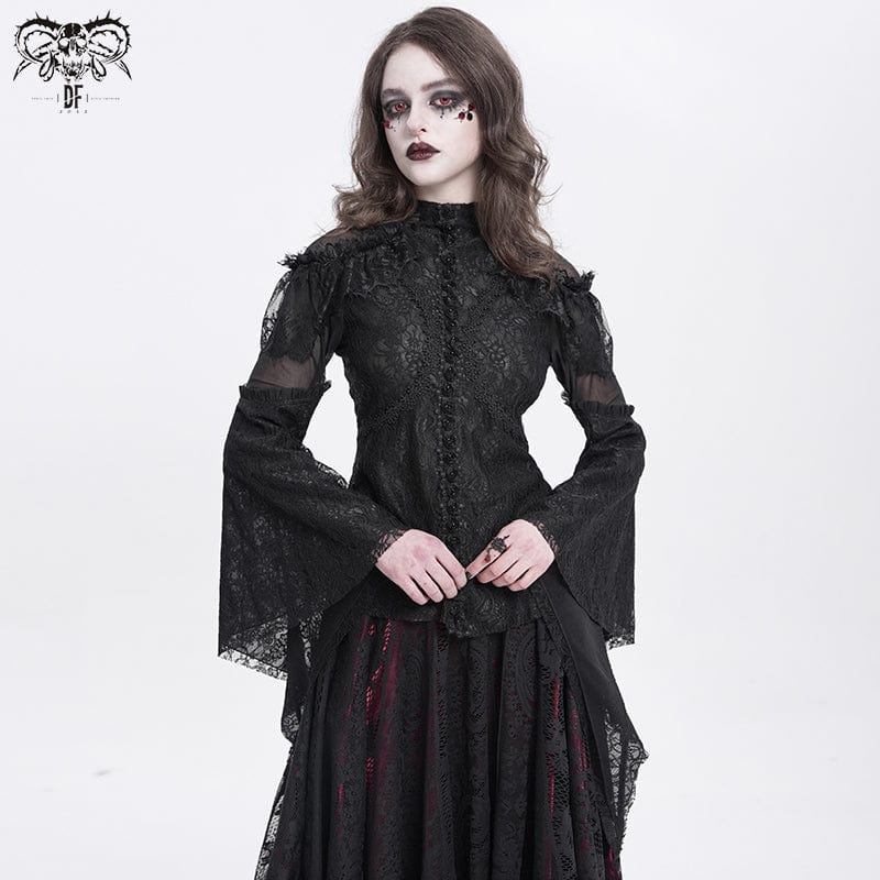Women's Gothic Flared Sleeved Beaded Lace Splice Shirt Black