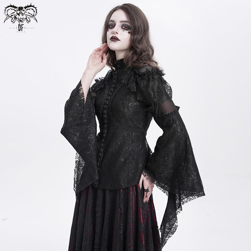 Women's Gothic Flared Sleeved Beaded Lace Splice Shirt Black - Image 3
