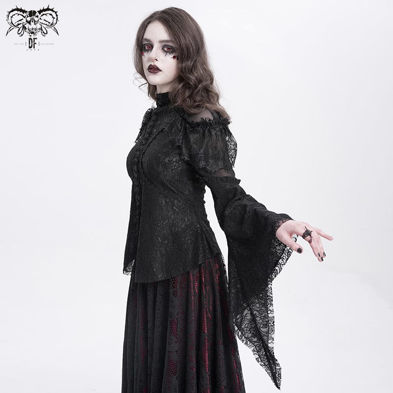 Women's Gothic Flared Sleeved Beaded Lace Splice Shirt Black - Image 4
