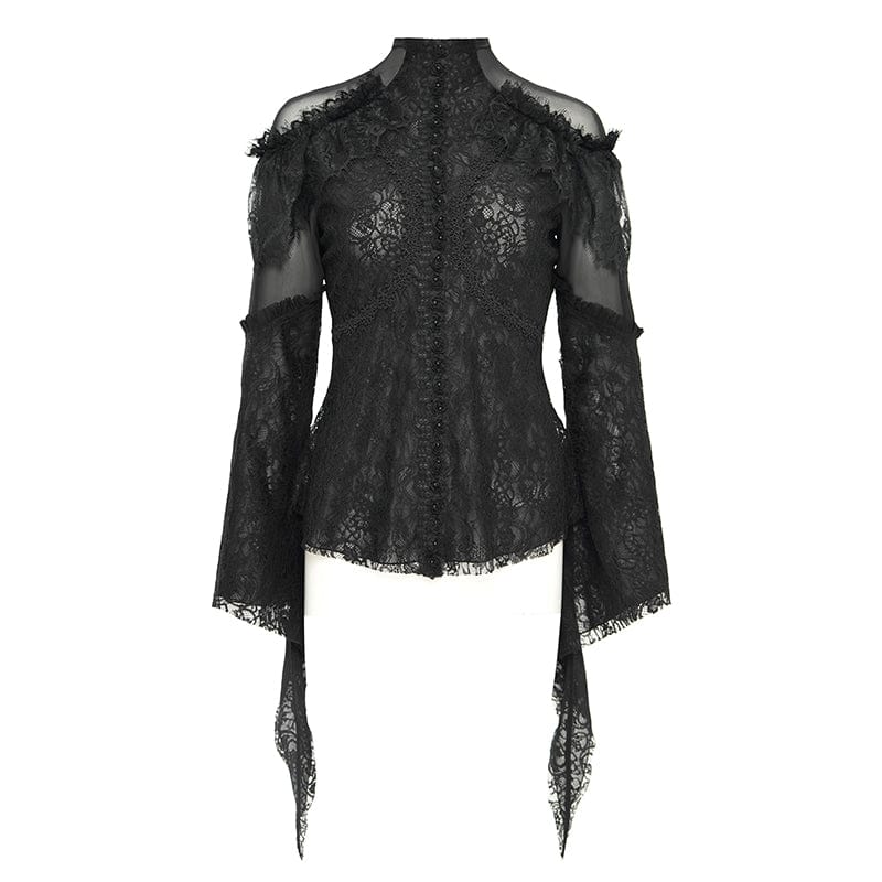 Women's Gothic Flared Sleeved Beaded Lace Splice Shirt Black - Image 7