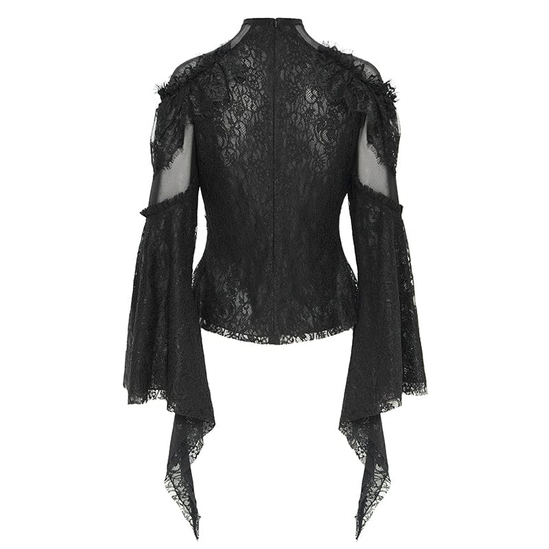 Women's Gothic Flared Sleeved Beaded Lace Splice Shirt Black - Image 9