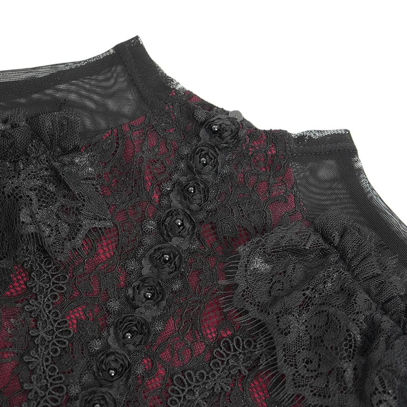 Women's Gothic Flared Sleeved Beaded Lace Splice Shirt Red - Image 10