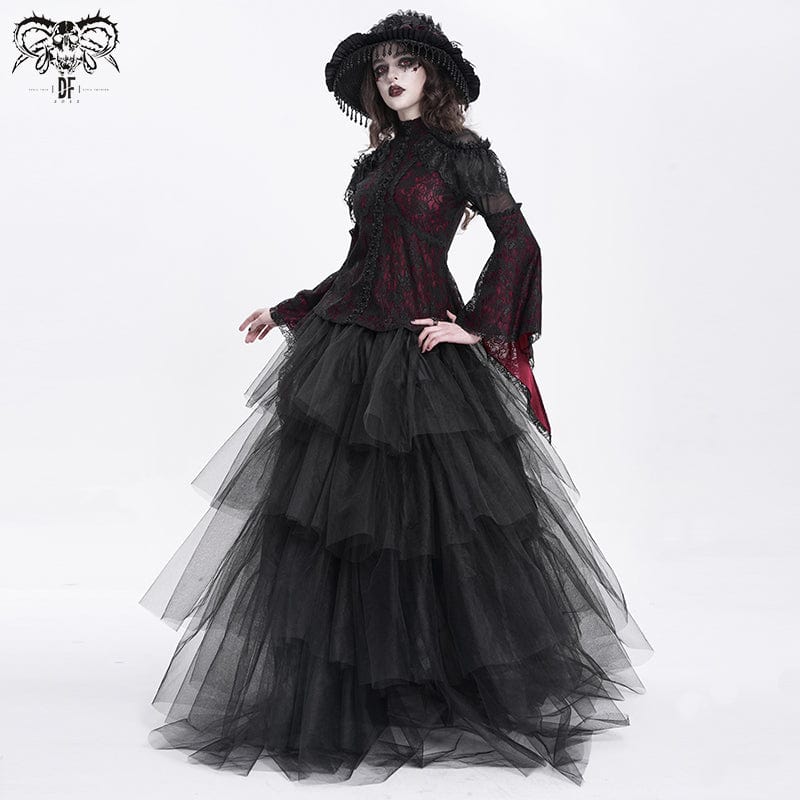 Women's Gothic Flared Sleeved Beaded Lace Splice Shirt Red - Image 6