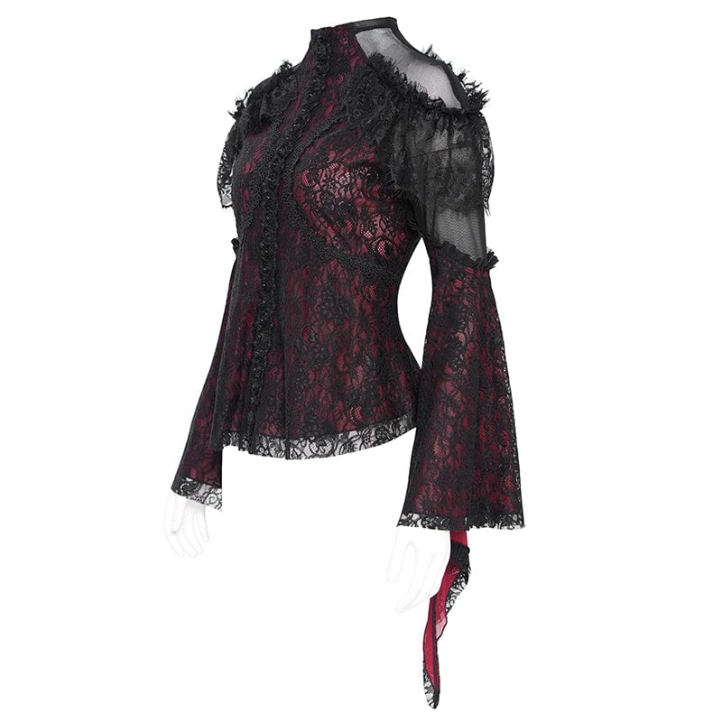 Women's Gothic Flared Sleeved Beaded Lace Splice Shirt Red - Image 8
