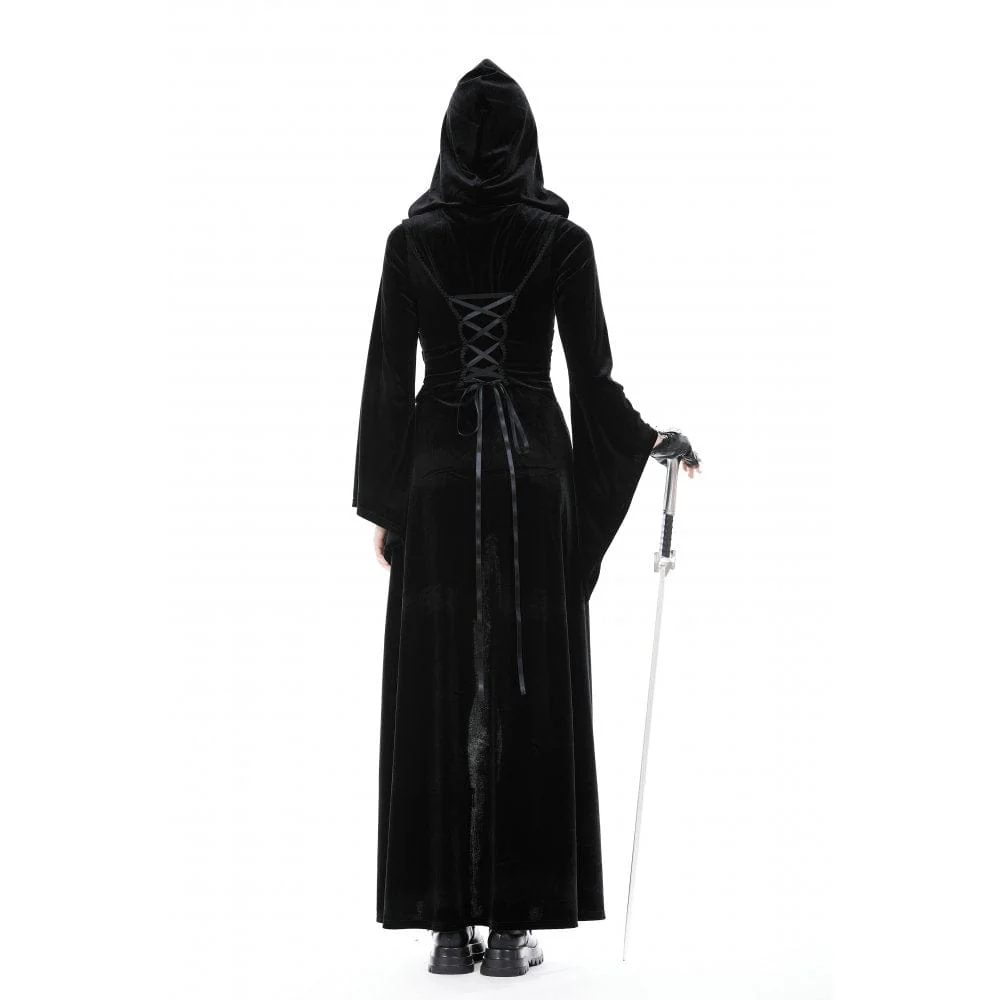Women's Gothic Flared Sleeved Buckle Velvet Coat with Hood - Image 10