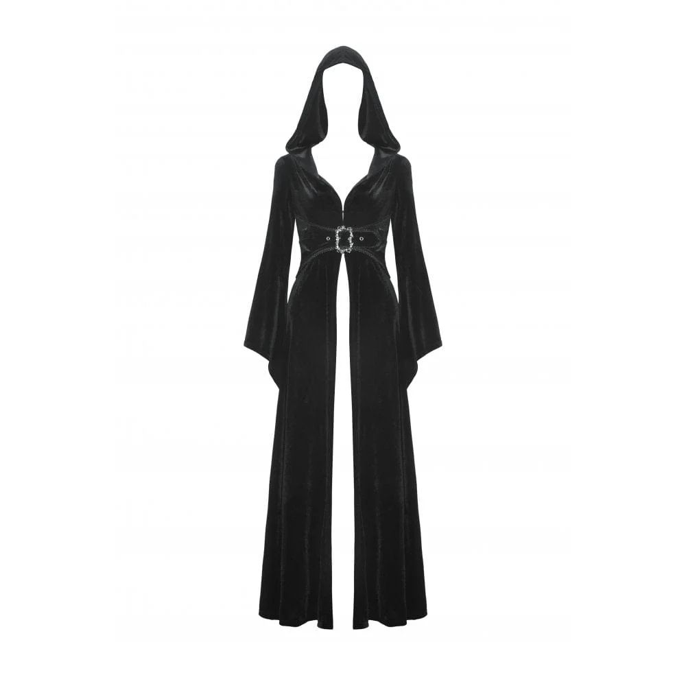 Women's Gothic Flared Sleeved Buckle Velvet Coat with Hood - Image 11