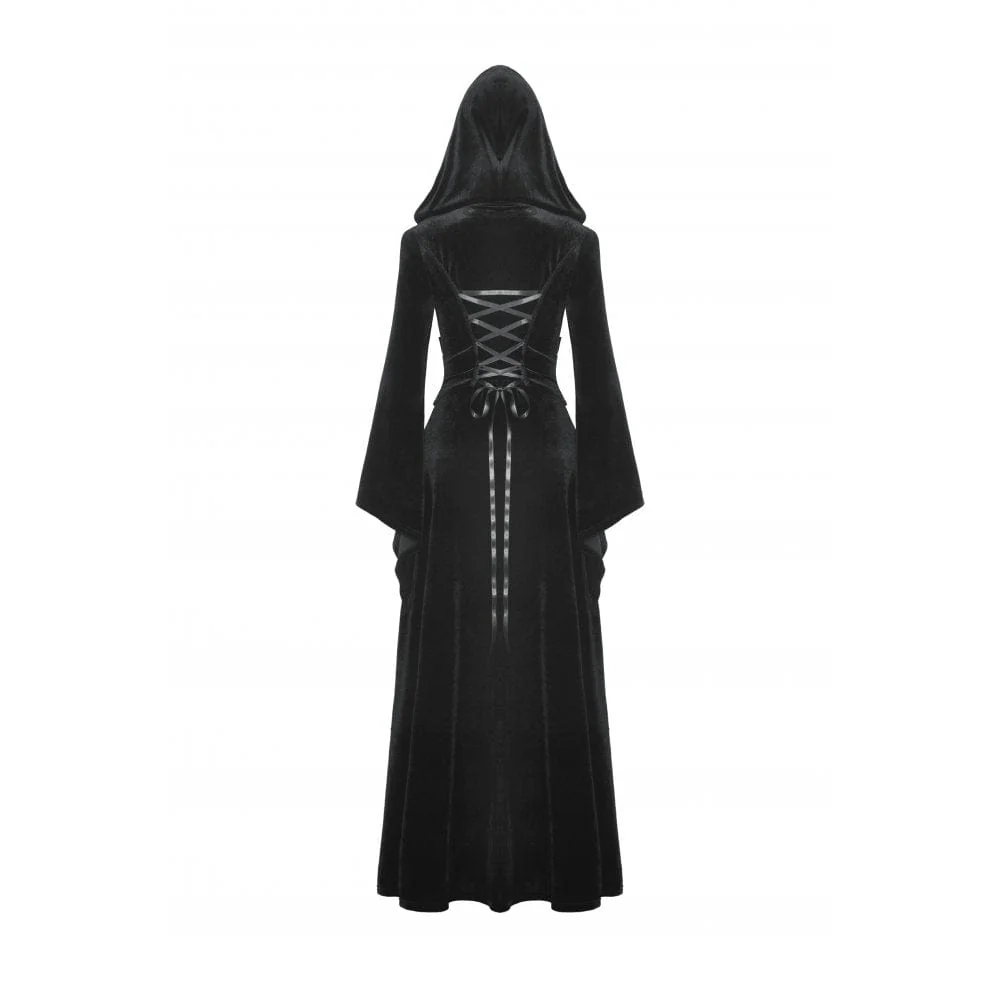 Women's Gothic Flared Sleeved Buckle Velvet Coat with Hood - Image 12