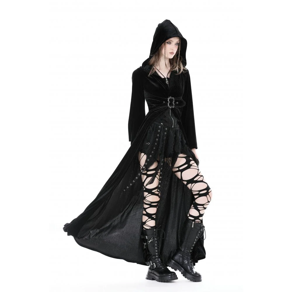 Women's Gothic Flared Sleeved Buckle Velvet Coat with Hood - Image 2