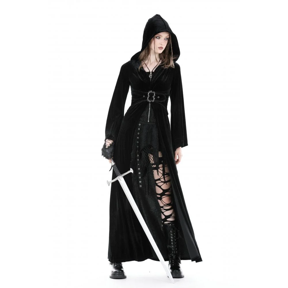 Women's Gothic Flared Sleeved Buckle Velvet Coat with Hood - Image 3