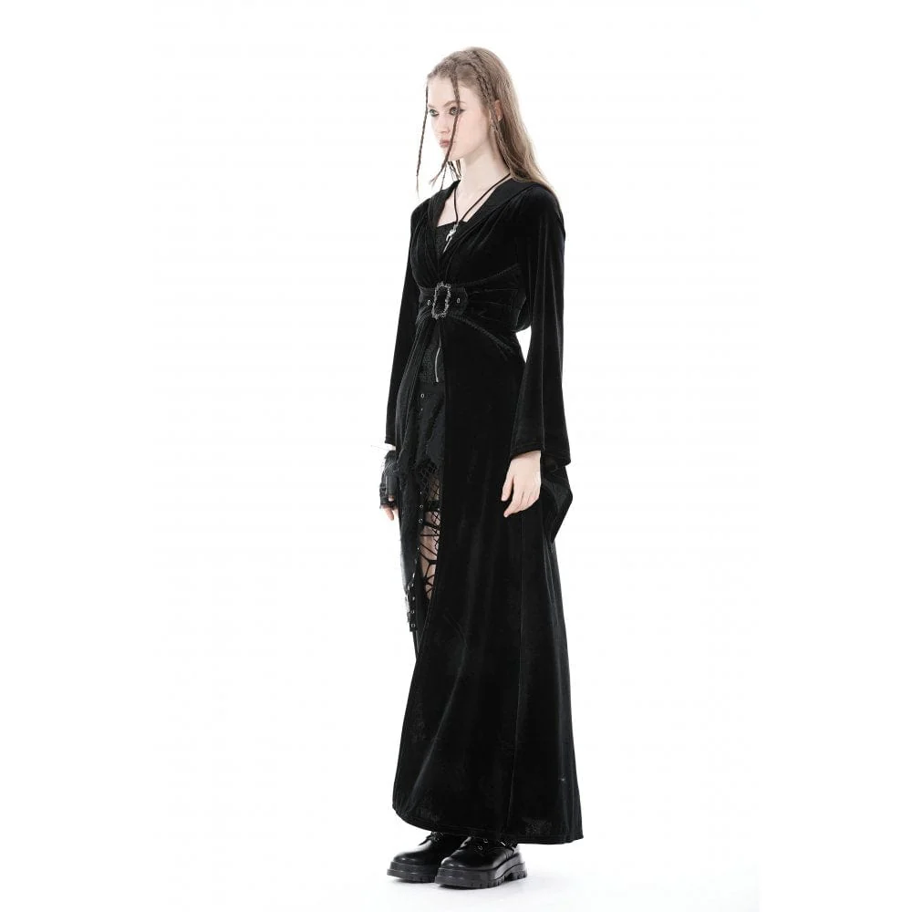 Women's Gothic Flared Sleeved Buckle Velvet Coat with Hood - Image 8