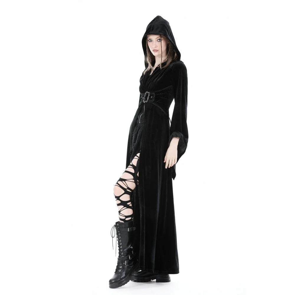 Women's Gothic Flared Sleeved Buckle Velvet Coat with Hood - Image 9