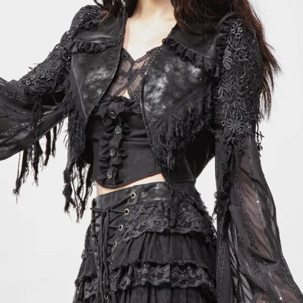 Women's Gothic Flared Sleeved Distressed Faux Leather Jacket Black - Image 3