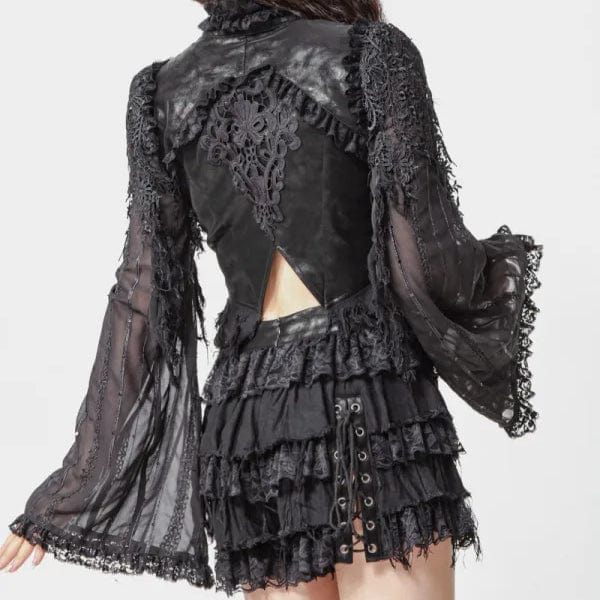 Women's Gothic Flared Sleeved Distressed Faux Leather Jacket Black - Image 5