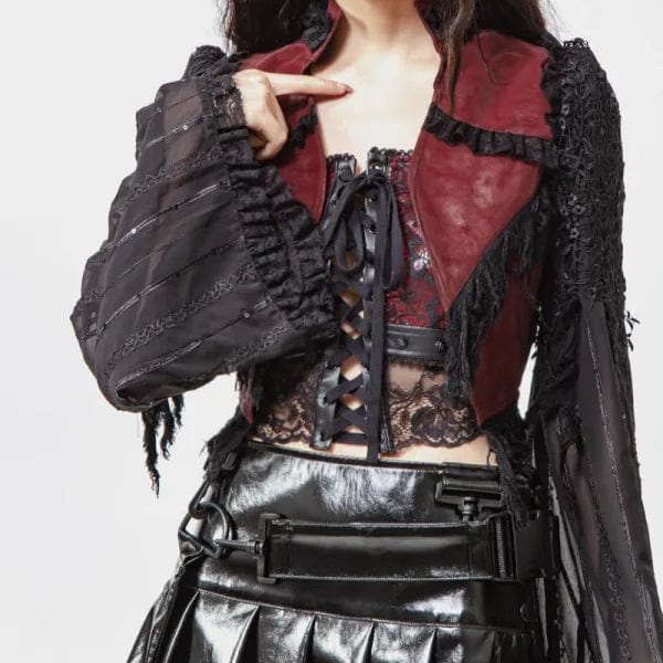 Women's Gothic Flared Sleeved Distressed Faux Leather Jacket Red - Image 3