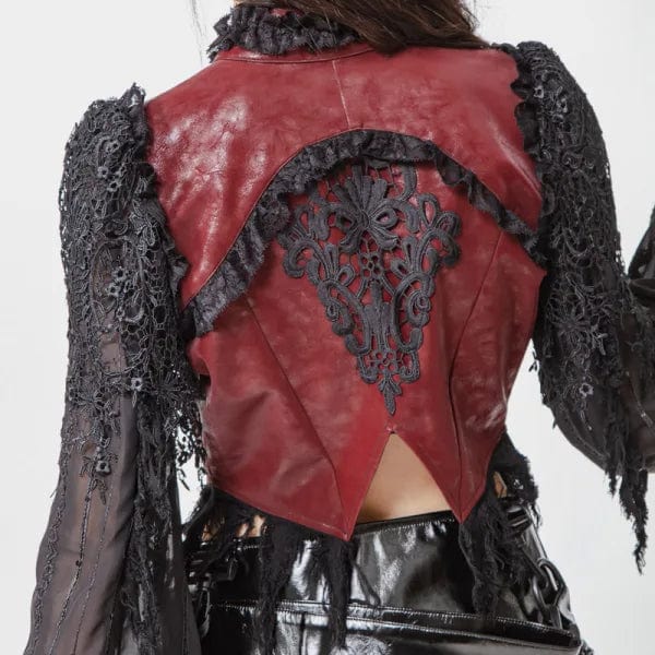 Women's Gothic Flared Sleeved Distressed Faux Leather Jacket Red - Image 4