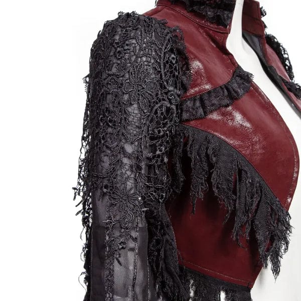 Women's Gothic Flared Sleeved Distressed Faux Leather Jacket Red - Image 5