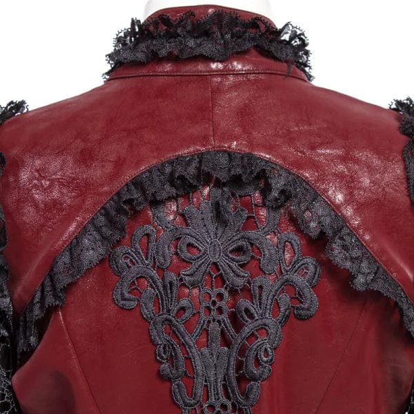 Women's Gothic Flared Sleeved Distressed Faux Leather Jacket Red - Image 8