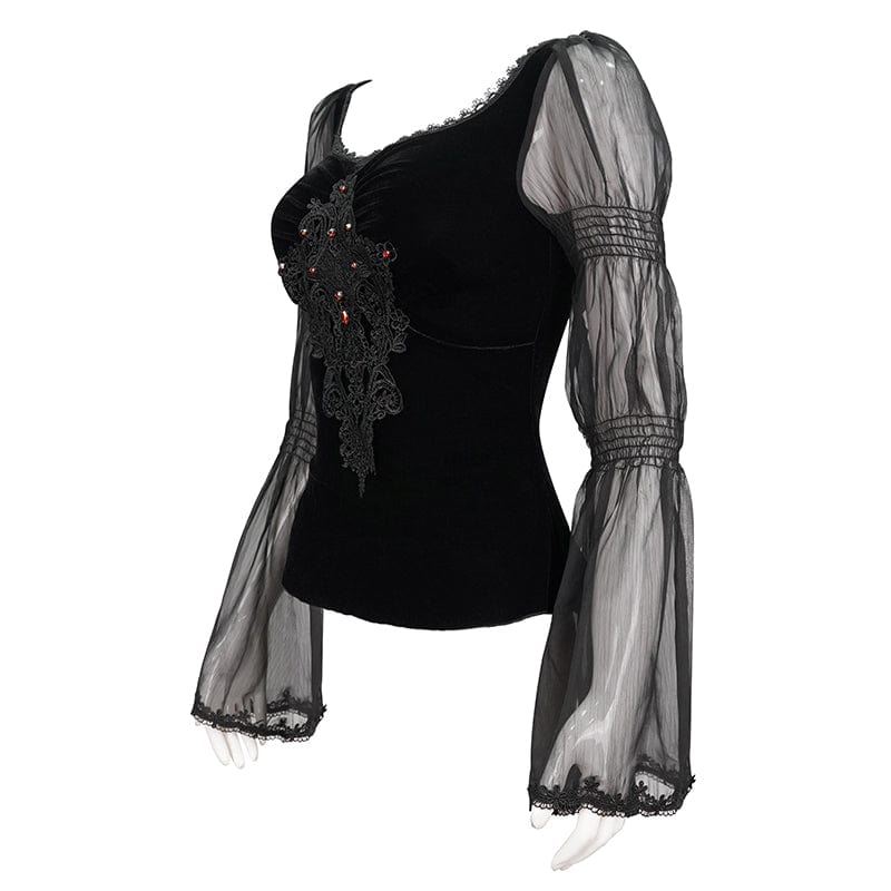 Women's Gothic Flared Sleeved Floral Embroidered Shirt - Image 6
