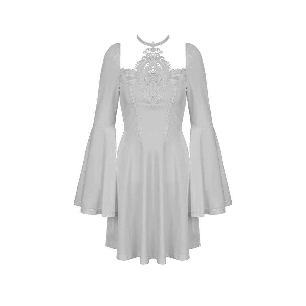 Women's Gothic Flared Sleeved Floral Embroidered Wedding Dress Graduation Dress White - Image 6