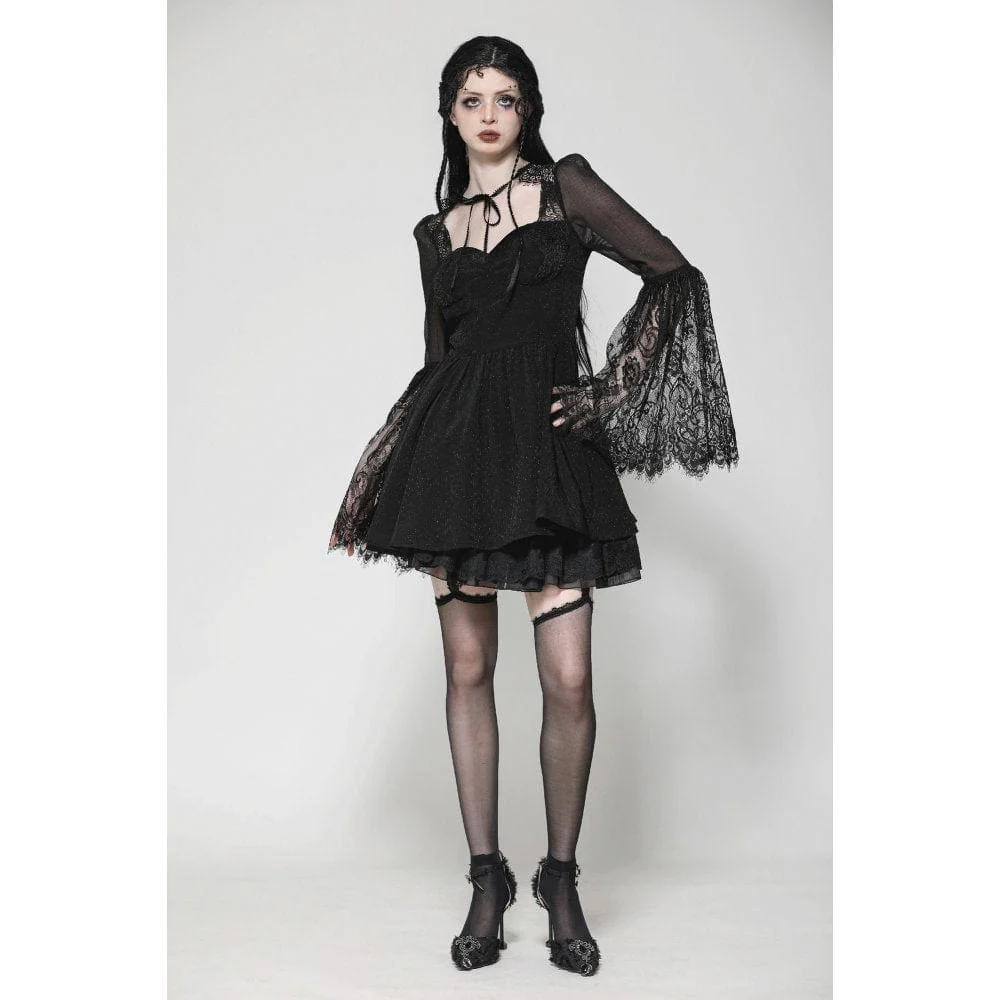 Women's Gothic Flared Sleeved Lace Splice Evening Dress Graduation Dress - Image 5
