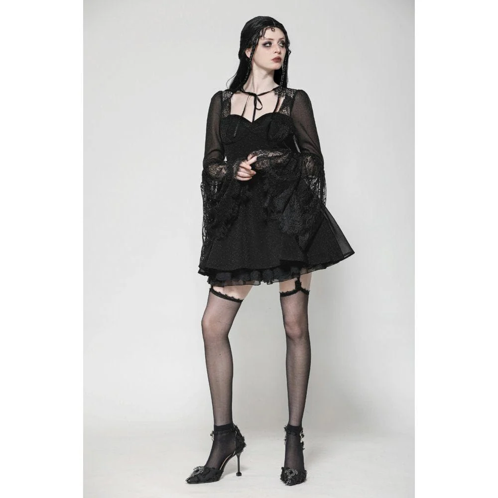 Women's Gothic Flared Sleeved Lace Splice Evening Dress Graduation Dress - Image 6
