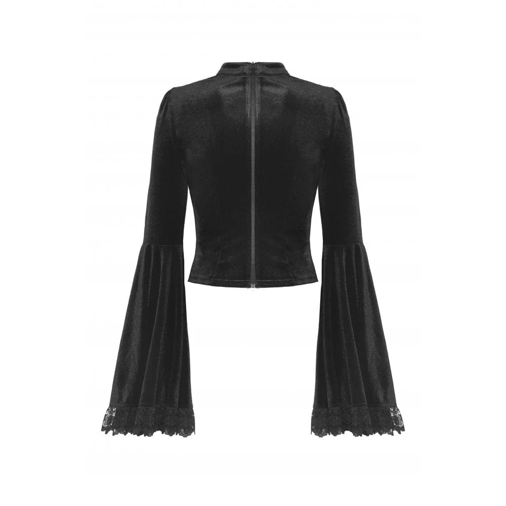 Women's Gothic Flared Sleeved Lace Splice Velvet Shirt - Image 11