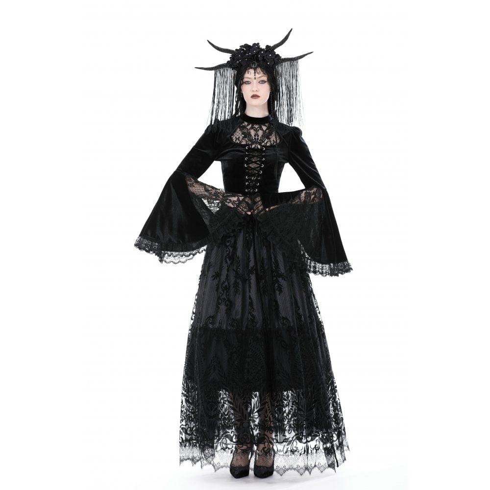 Women's Gothic Flared Sleeved Lace Splice Velvet Shirt - Image 2