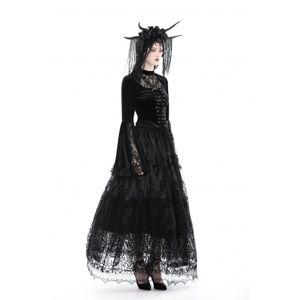 Women's Gothic Flared Sleeved Lace Splice Velvet Shirt - Image 7