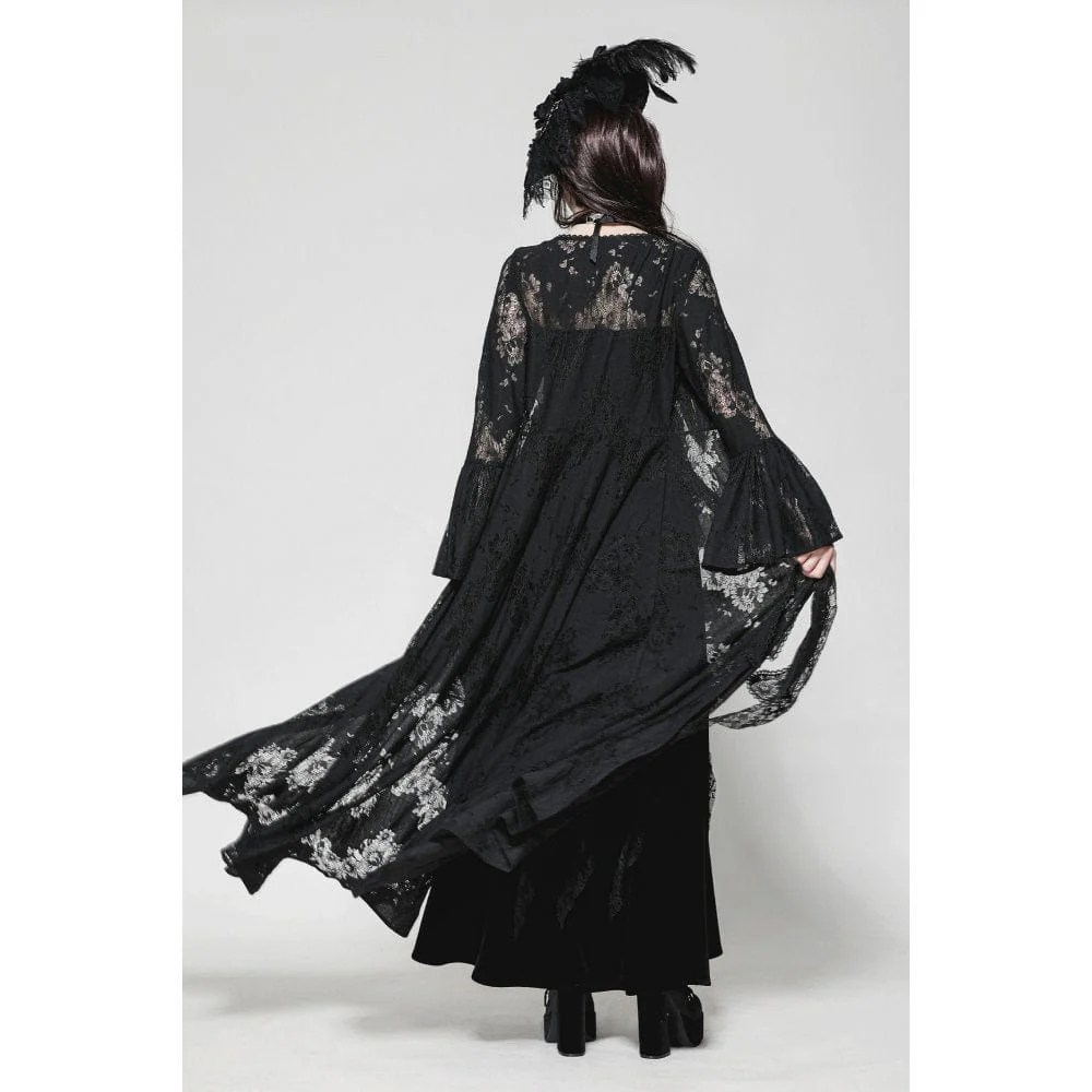 Women's Gothic Flared Sleeved Lace-up Lace Long Jacket - Image 11