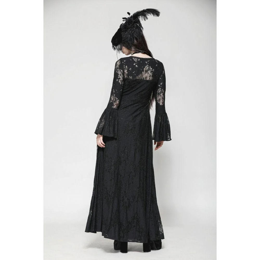 Women's Gothic Flared Sleeved Lace-up Lace Long Jacket - Image 12