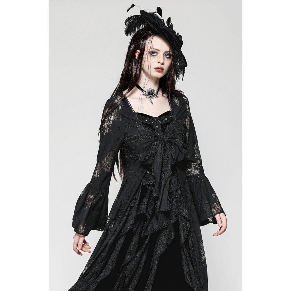 Women's Gothic Flared Sleeved Lace-up Lace Long Jacket - Image 3