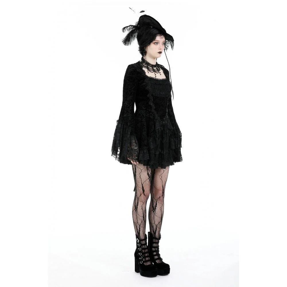 Women's Gothic Flared Sleeved Layered Velvet Dress - Image 10