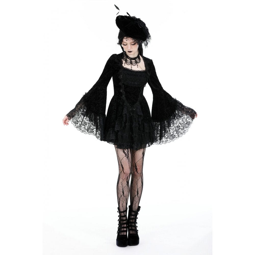 Women's Gothic Flared Sleeved Layered Velvet Dress - Image 8