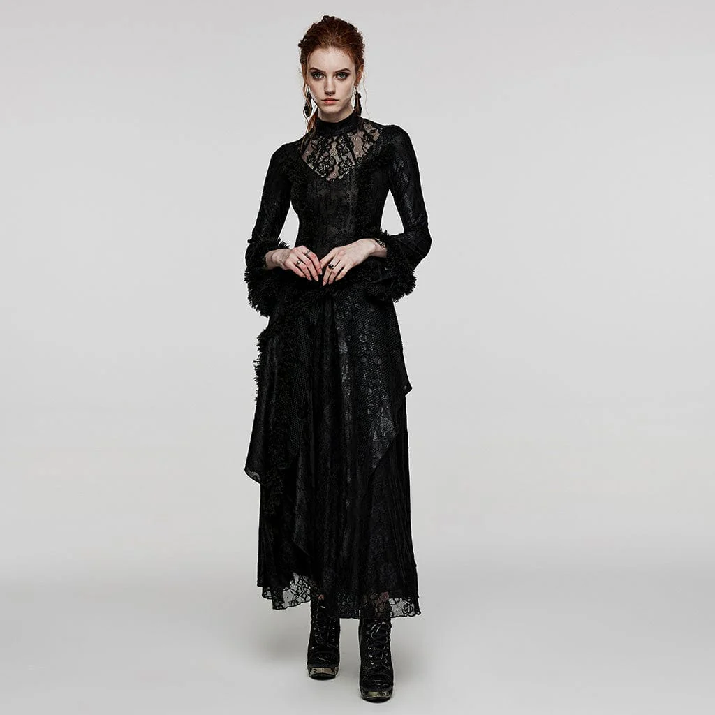 Women's Gothic Flared Sleeved Mesh Splice Lace Wedding Dress - Image 2