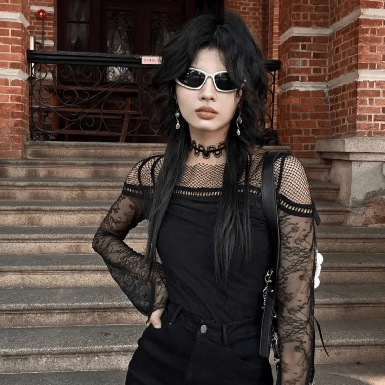 Women's Gothic Flared Sleeved Mesh Splice Lace Shirt - Image 4