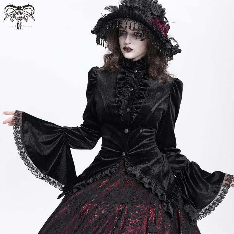 Women's Gothic Flared Sleeved Ruffled Swallow-tailed Shirt Black