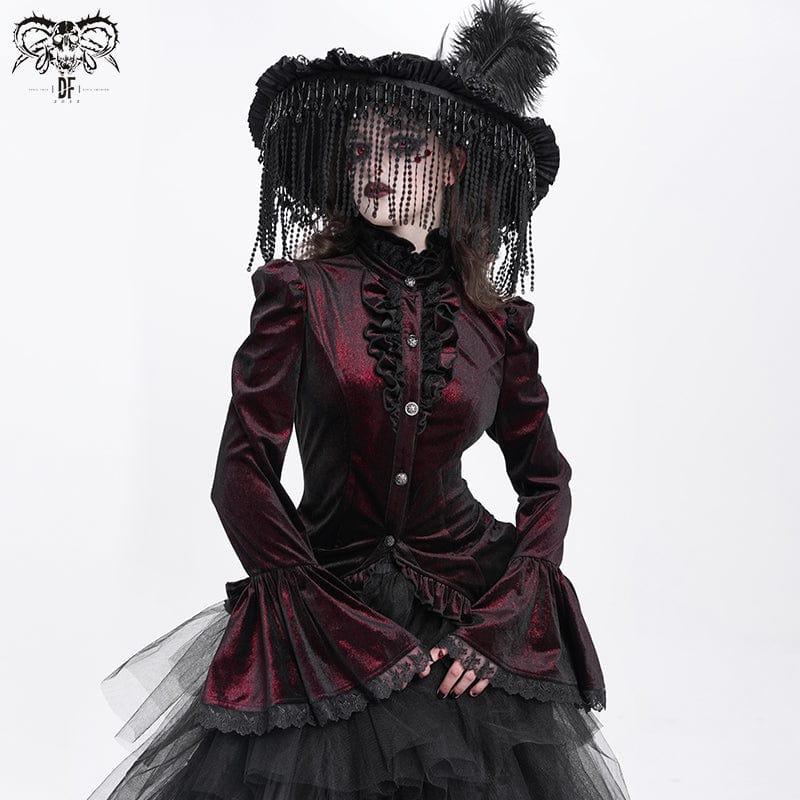 Women's Gothic Flared Sleeved Ruffled Swallow-tailed Shirt Red - Image 2
