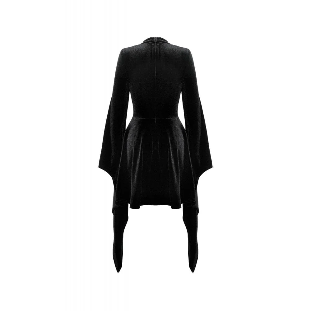 Women's Gothic Flared Sleeved Spider Mesh Splice Velvet Wedding Dress - Image 11