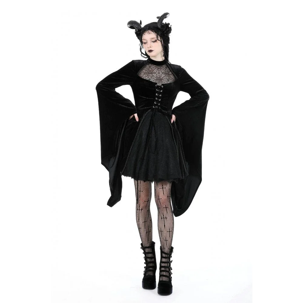 Women's Gothic Flared Sleeved Spider Mesh Splice Velvet Wedding Dress - Image 4