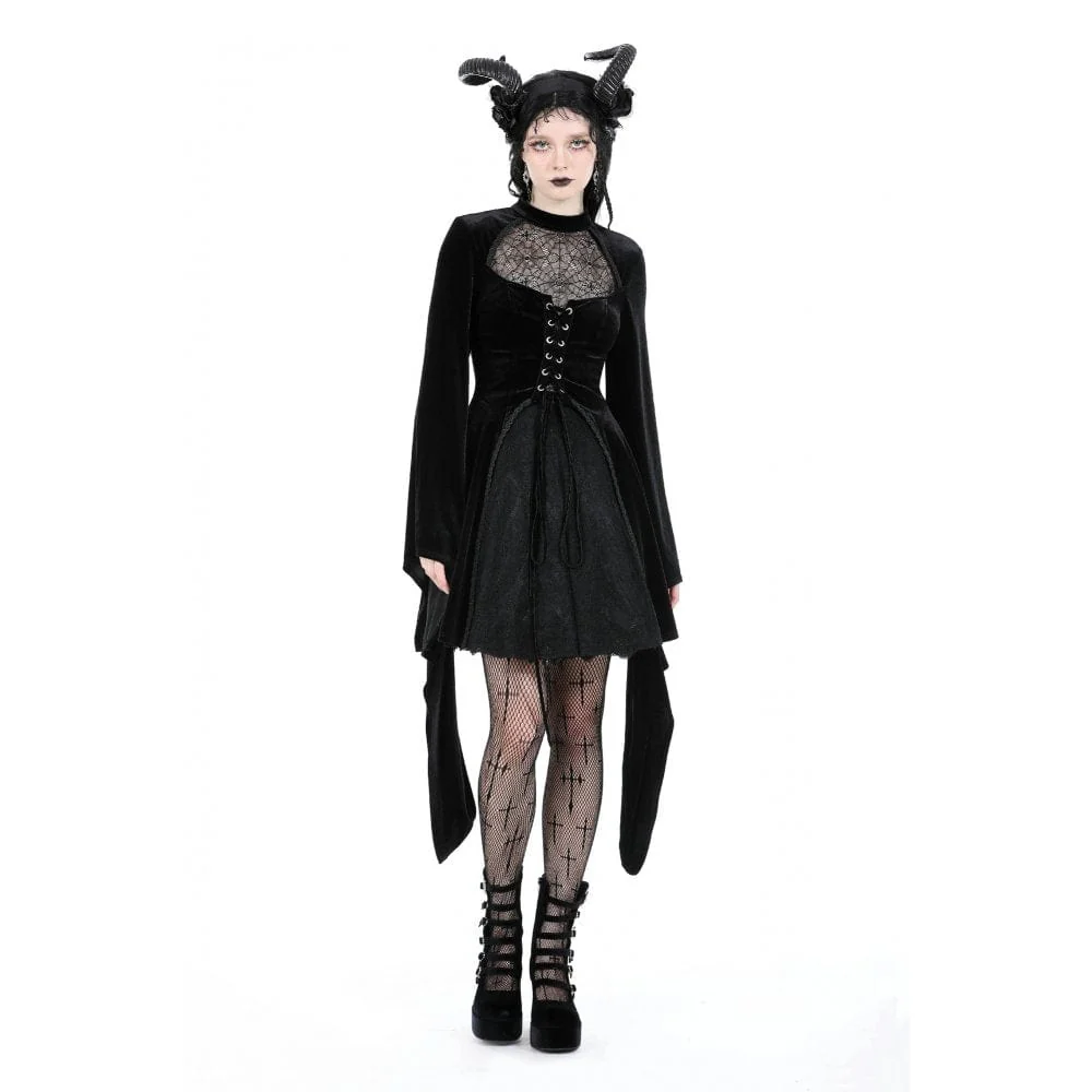 Women's Gothic Flared Sleeved Spider Mesh Splice Velvet Wedding Dress - Image 5