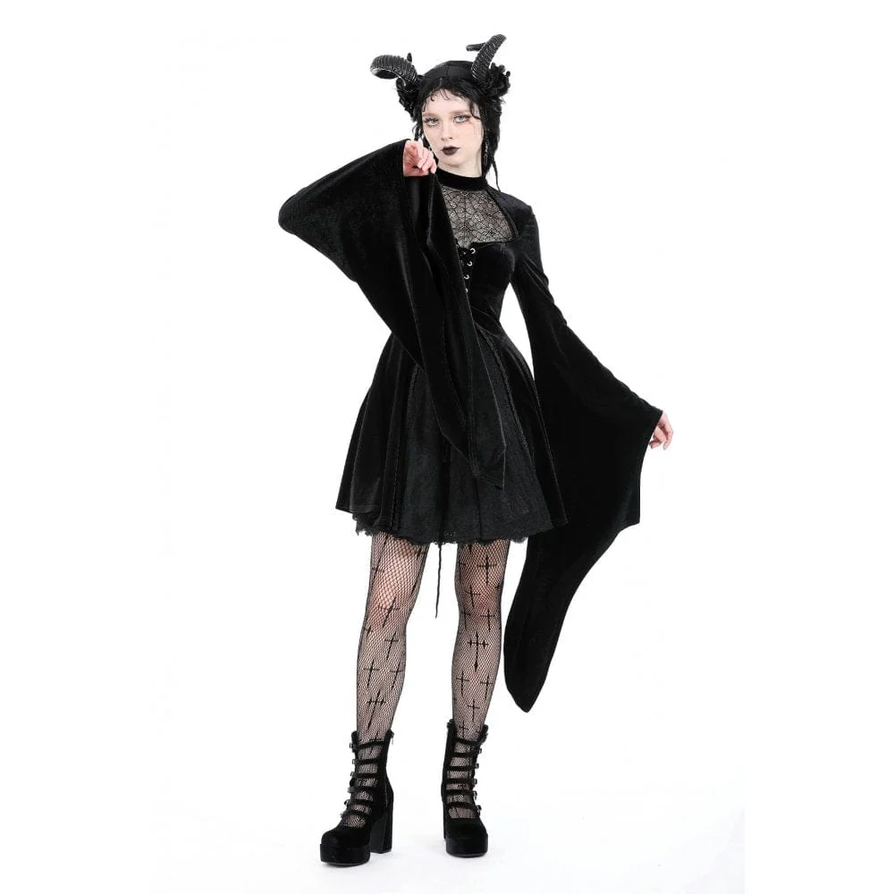 Women's Gothic Flared Sleeved Spider Mesh Splice Velvet Wedding Dress - Image 6